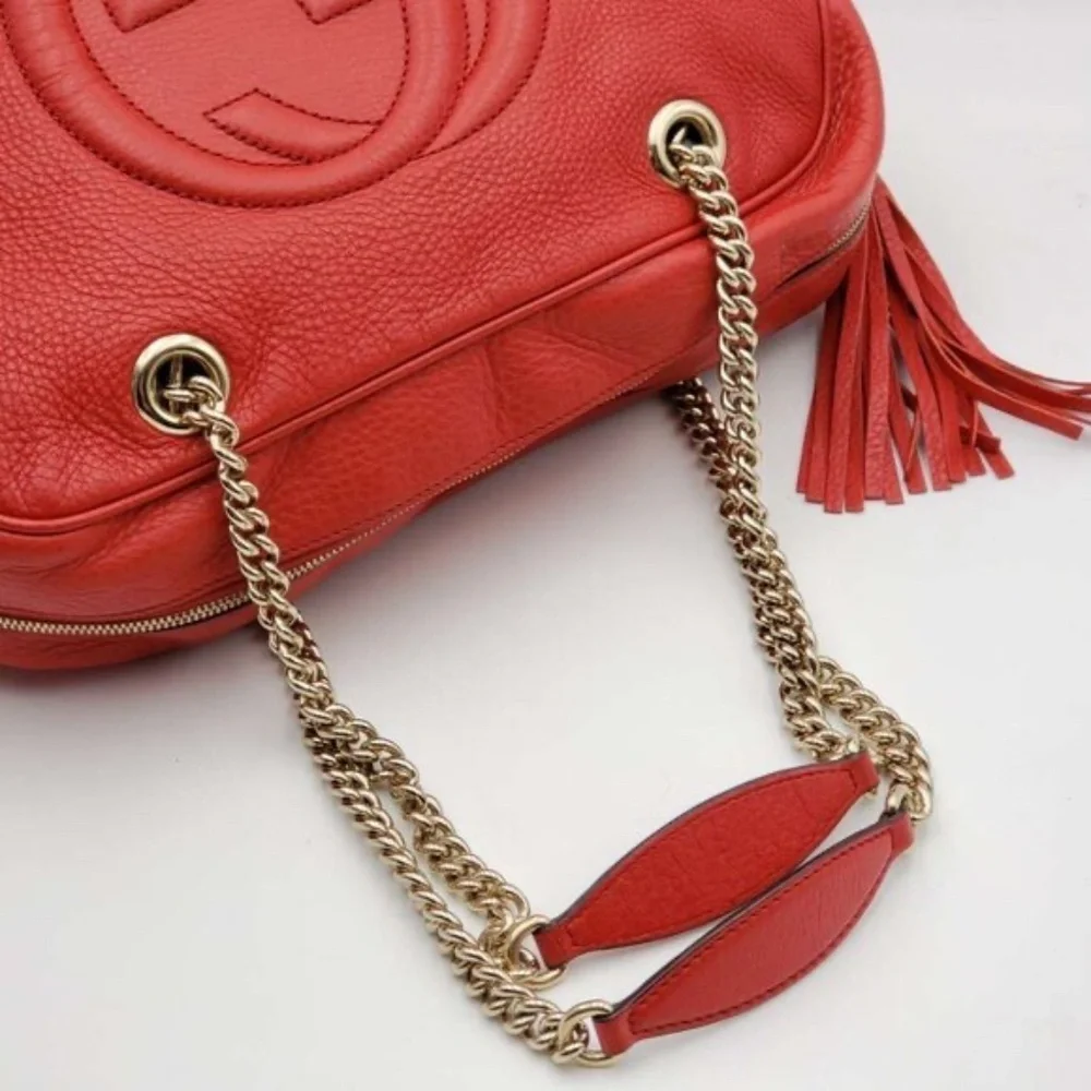 Authentic Gucci Soho Chain Shoulder Bag Red Leather GG Logo Crossbody Bag - Picture 7 of 14